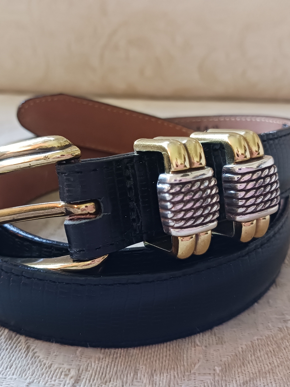 Brighton Classics Sz M 32 Black Lizard Print Leather Belt Gold Brass Buckle Loop